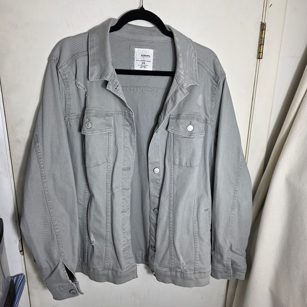 Sonoma Gray Green Distressed Denim Jean Jacket Coat size 2XL